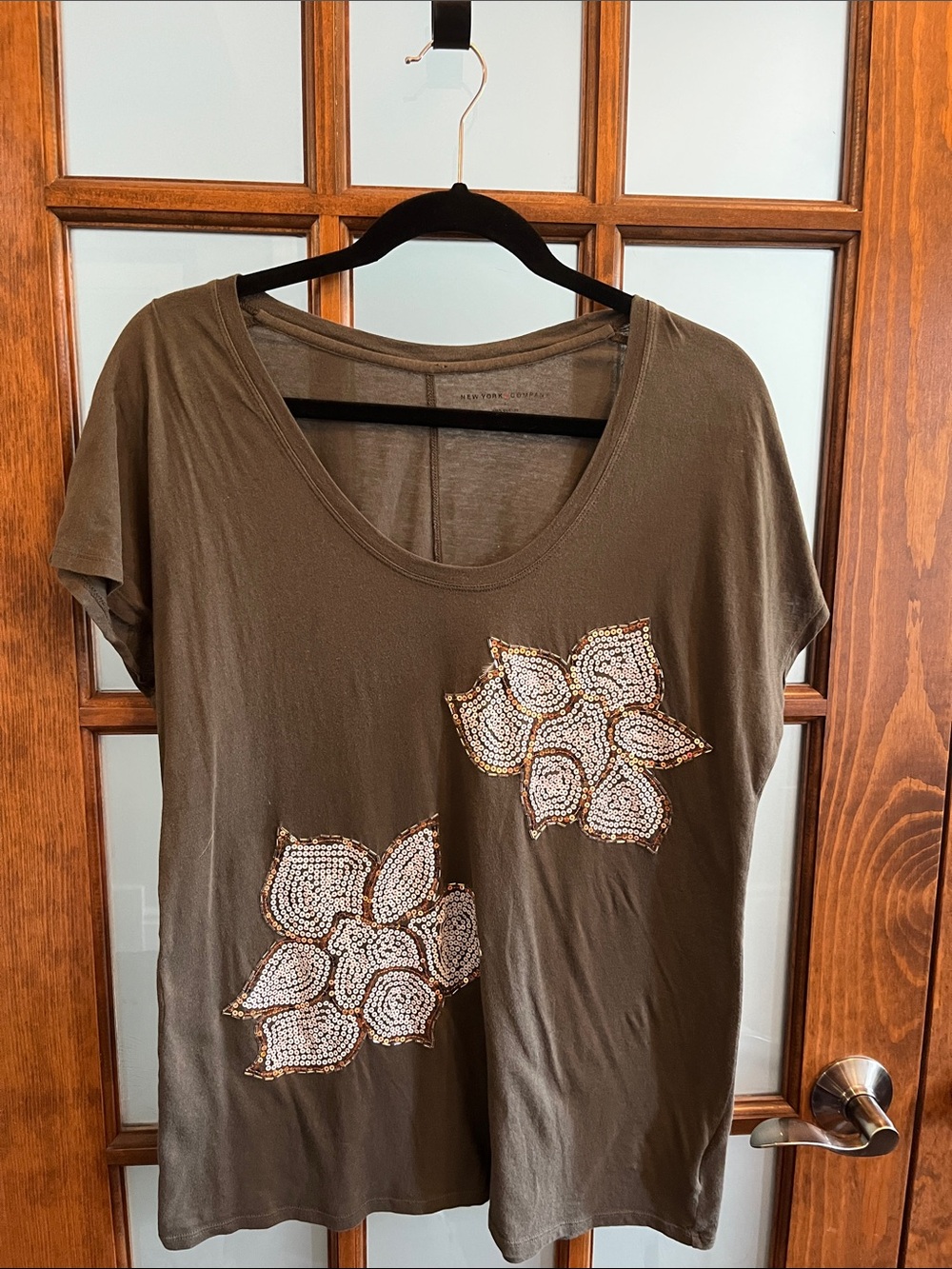 Olive Floral Sequin Scoop Neck Tee